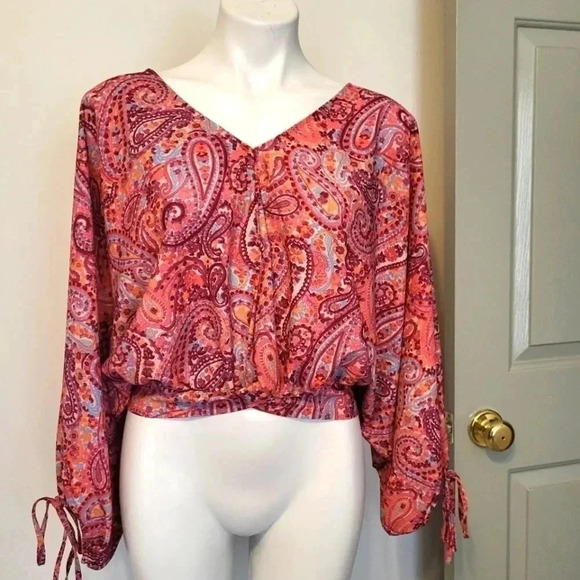 NWT Umgee Multicolored Paisley Print Long Balloon Puff Sleeve V-Neck Blouse(S) - Picture 2 of 13